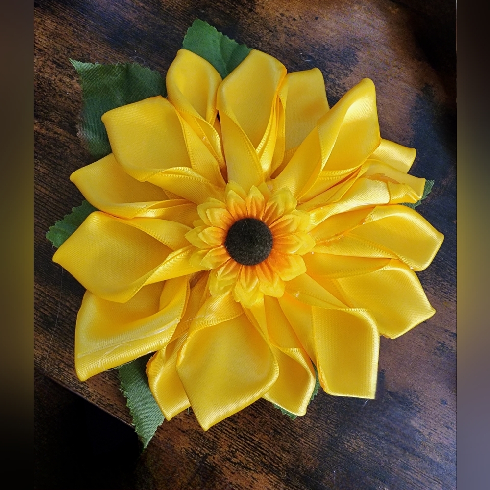 Handmade Yellow Satin Ribbon Sunflower Hair Accent/ Brooch